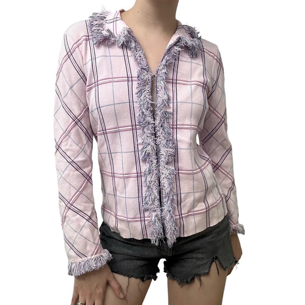 Vintage Cardigan Sweater Pink Purple Plaid Fringe Preppy Coquette Size Small